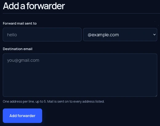The Add a forwarder form: the address, and the inboxes it forwards to, one per line