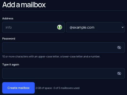 The Add a mailbox form: the address, and a password typed twice