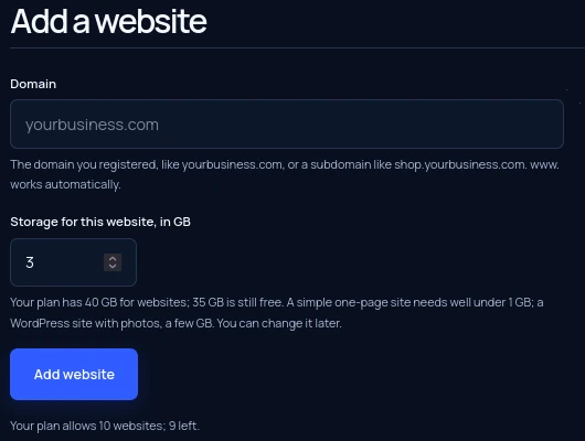 The Add a website form: the domain, and its storage in GB