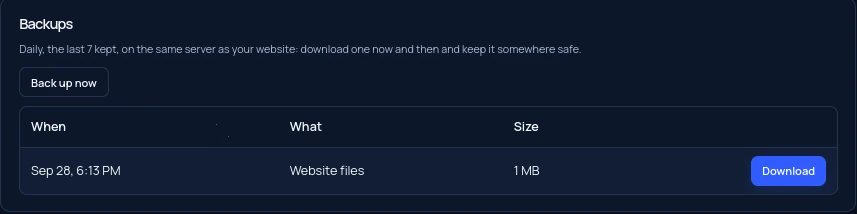 The Backups section of a website’s card: a copy with its date and size, and a Download button