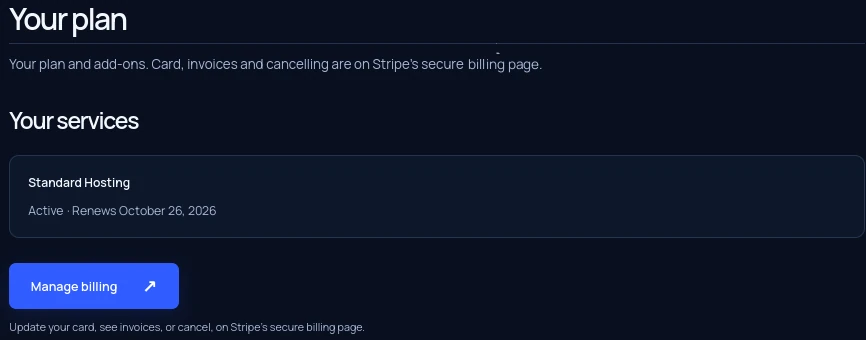 Account, Your plan: your plan with its renewal date, and the Manage billing button