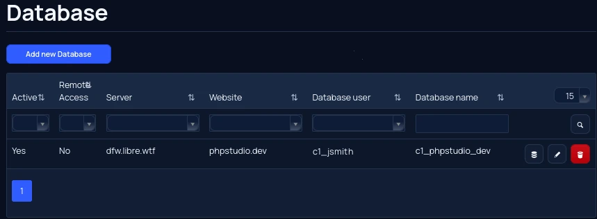 The advanced panel’s database list: website, database user and database name