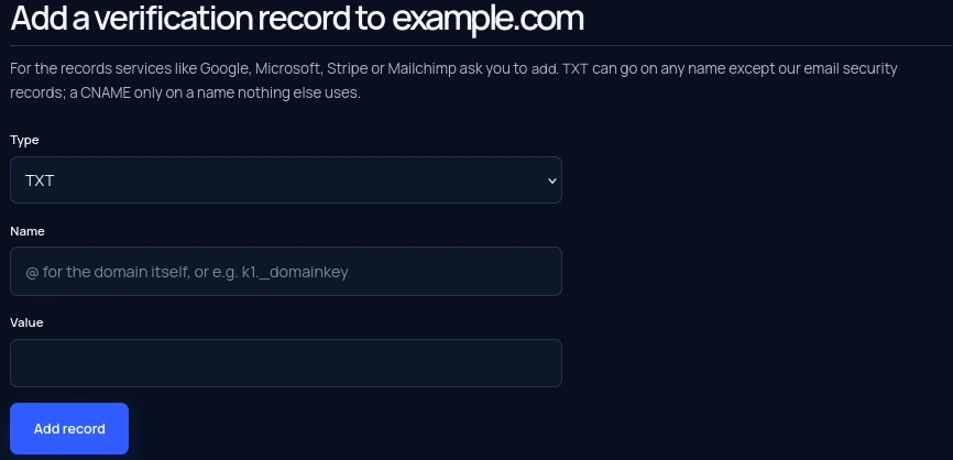 The Add a verification record form: type, name and value