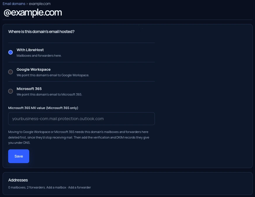 Where is this domain’s email hosted: With LibreHost, Google Workspace or Microsoft 365
