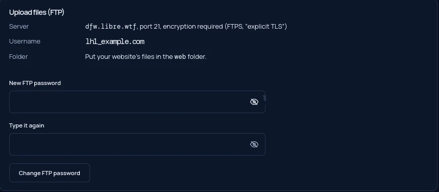 Upload files (FTP) on a website’s card: server, FTP username, folder, and the password form