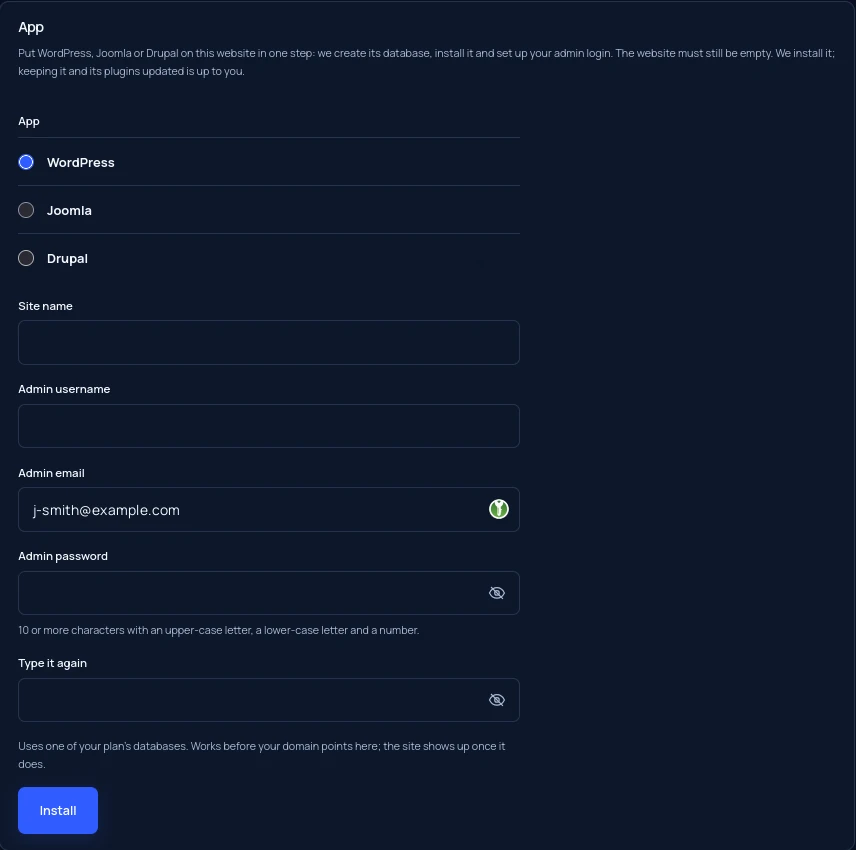 The one-click install form: WordPress, Joomla or Drupal, a site name and your admin login