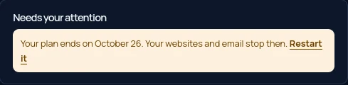 The Overview’s notice that a cancelled plan is ending, with a Restart it link