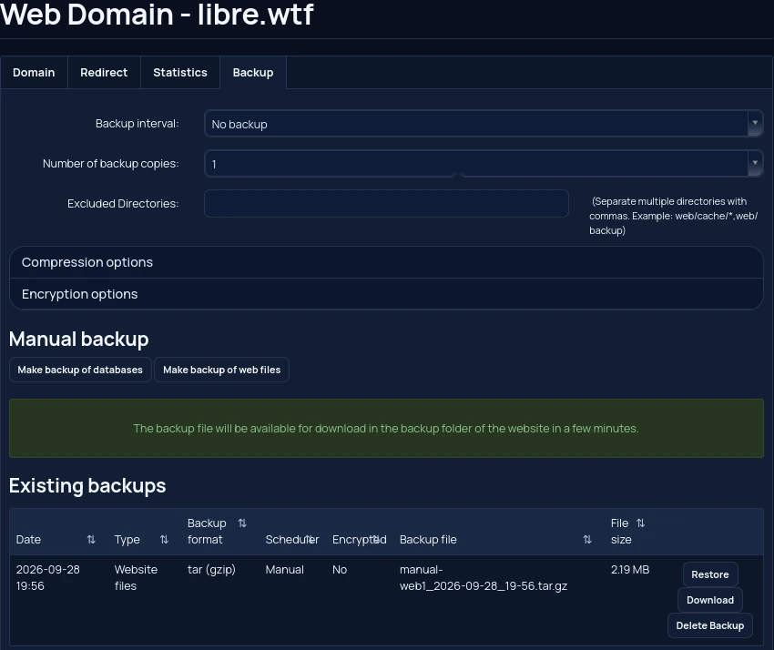 The advanced panel’s Backup tab, listing existing backups with Restore, Download and Delete buttons