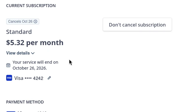 Stripe’s billing page for a cancelled plan, with the Don’t cancel subscription button